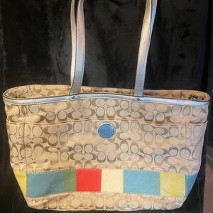 Coach Beige Signature Tote / Diaper bag with Multicolor Patch Accents